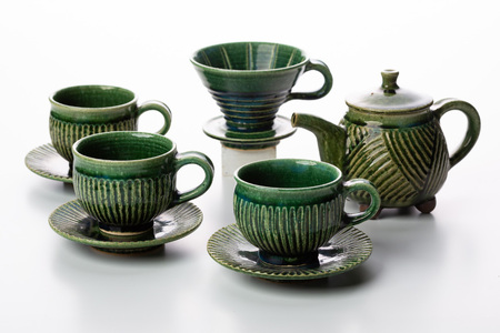 コーヒー陶器 ドリッパー コーヒーポット&ドリッパー8点セット コーヒーカップ3個 ソーサー3個 織部釉 [抱星窯 長崎県 東彼杵町 hs42bag390005]