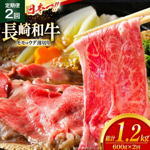 和牛 赤身 薄切り 定期便 長崎和牛 モモorウデ 薄切り 600g 2回 総計1.2kg [大川ストアー 長崎県 東彼杵町 hs42bag580060]