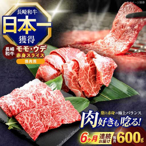 【6回定期便】長崎和牛 焼肉用 赤身スライス600g (モモ・ウデ 各300g)[OCE098]