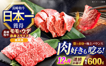 【12回定期便】長崎和牛 焼肉用 赤身スライス600g (モモ・ウデ 各300g)[OCE099]