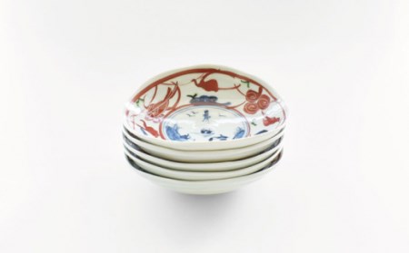 【波佐見焼】楕円皿 中 5枚セット〈染錦水草魚紋〉直径15cm[OAO006]