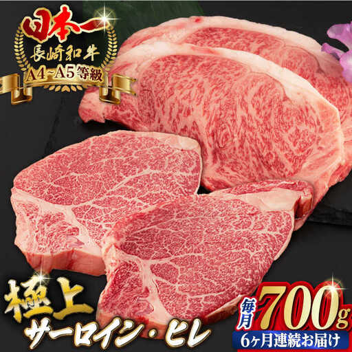 【全6回定期便】【二大高級部位！】サーロイン と ヒレ ステーキ 計700g （各4枚） 長崎和牛 A4?A5ランク 希少部位【野中精肉店】 [VF67] 肉 牛肉 赤身 サーロインステーキ ヒレステーキ 焼肉 定期便
