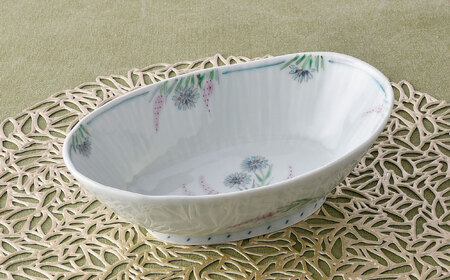 【波佐見焼】野鶏頭 矢車草 楕円鉢【藍水】[GB52]