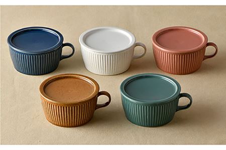 波佐見焼】【オーブン可】ハンドル付蓋物 5色セット 小皿 スープカップ
