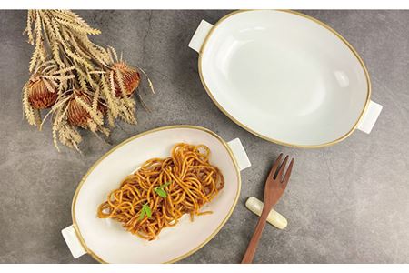 【波佐見焼】グラタン皿 大 ホワイト（藁白） 2枚セット カレー皿 パスタ皿 食器 皿 【和山】 [WB134]  波佐見焼