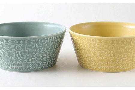 【波佐見焼】PATTERNED BOWL ペア 2点セット squall gray ＋ yellow 食器 皿 【BIRDS’ WORDS】 [CF023]  波佐見焼