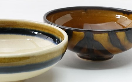 【波佐見焼】Folk Design 二色巻・矢羽根飴釉 丸平鉢 ボウル ペアセット 食器 皿 【玉有】 [IE17] 波佐見焼