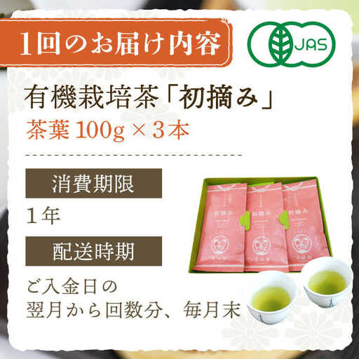 【全12回定期便】「こだわりブレンド茶」さざの 有機栽培茶 初摘み (100g×3本/回)【宝緑園】[QAH015]