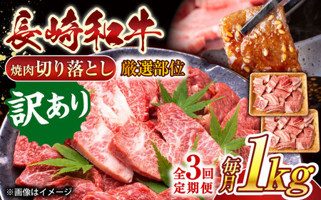 【全3回定期便】【訳あり】【A4~A5】長崎和牛焼肉切り落とし(肩ロース・バラ）　1kg（500g×2p）【株式会社 MEAT PLUS】[QBS042]