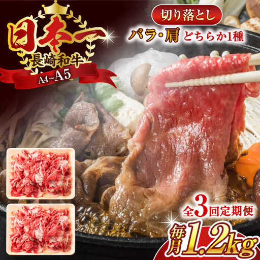 【全3回定期便】【A4~A5】長崎和牛切り落とし　1.2kg(600g×2p）【株式会社 MEAT PLUS】[QBS051]
