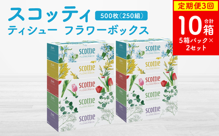 【定期便3回】【毎月お届け】【スコッティ】ティシュー フラワーボックス 250組 5箱パック×2セット 合計10箱 ティッシュ 日用品 生活必需品