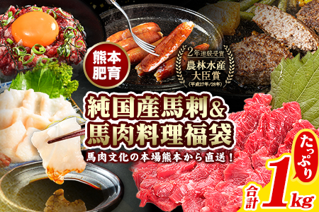 純国産馬刺し＆馬肉料理福袋 計1kg 熊本肥育 2年連続農林水産大臣賞受賞 送料無料 上赤身馬刺し100g たてがみ50g 馬とろ150g 馬ソーセージ500g 燻製 霜降り ハン馬ーグ200g(2個入り) タレ付き 熊本県荒尾市《90日以内に出荷予定(土日祝除く)》