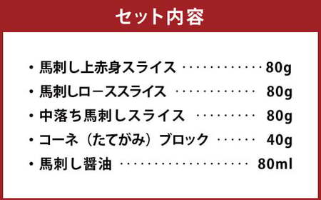 馬刺し・たてがみセットスペシャル 計約280g 4種 セット 馬肉 赤身 ロース 中落ち たてがみ 食べ比べ 醤油