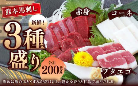 熊本 馬刺し 3種盛り 約200g （赤身 約50g×2 コーネ／フタエゴ 各約50g×1）タレ付き 馬肉 馬刺 赤身 コーネ フタエゴ 小分け 盛り合わせ 熊本県