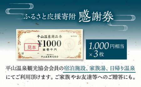 平山温泉 観光協会 ふるさと応援寄附 感謝券 1,000円相当×3枚【一般社団法人 平山温泉観光協会】[ZBW002]