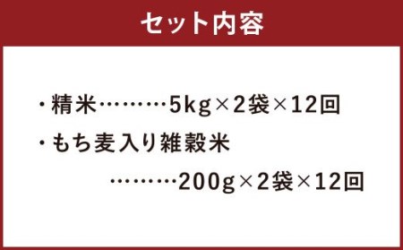 【定期便12ヵ月】熊本県菊池産 ヒノヒカリ 精米 計120kg(10kg×12) もち麦入り雑穀米 計4.8kg(400g×12) 米 お米 低温保管 残留農薬ゼロ