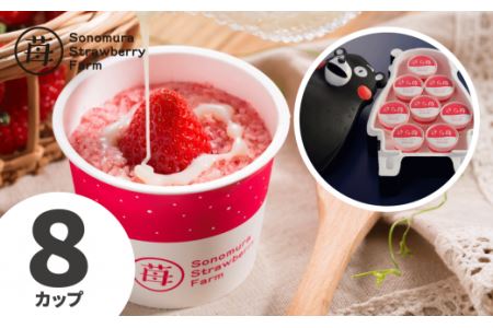 74-34　園村苺園　完熟冷凍いちご！「さら苺」８カップ練乳付き in くまモンの箱入り