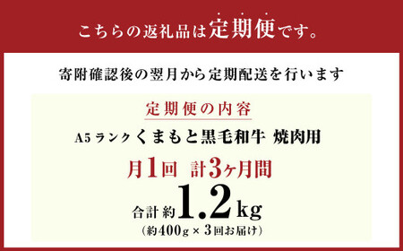 【3ヶ月定期便】 A5ランク くまもと 黒毛和牛 焼肉用 牛肉 牛 400g×3回 1.2kg 熊本県 上天草市