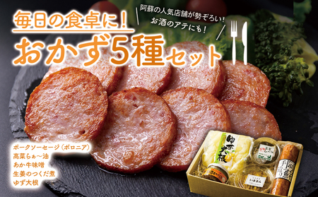 【ご飯とお酒がすすむ！阿蘇のおかずセット】 5種類を詰め合わせました！アツアツごはんやおにぎりに♪お酒のあてにもピッタリ♪ くまもとあか牛味噌 手作りの高菜らぁー油（食べるラー油） 熊本県産生姜を使用した生姜の佃煮 ゆずの風味香るゆず大根のお漬物 金賞受賞実績のあるひばり工房が作ったポークソーセージ 酒の肴詰め合わせ