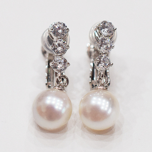 S085-388_あこや真珠 ホワイトピンク 7.5mm - 8mm イヤリング SV925 シルバー925 ジルコニア 真珠