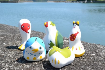 S093-005_縁起物土玩具「めじろおし」「ひっぱりだこ」「弁天様」「よかっぱ」「アマビエ」セット / めじろおし ひっぱりだこ 弁天様 よかっぱ アマビエ
