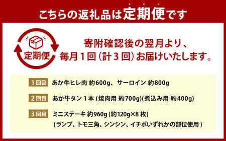 【3か月定期便】熊本 あか牛 特選 合計約3kg ヒレ サーロイン 牛タン ミニステーキ