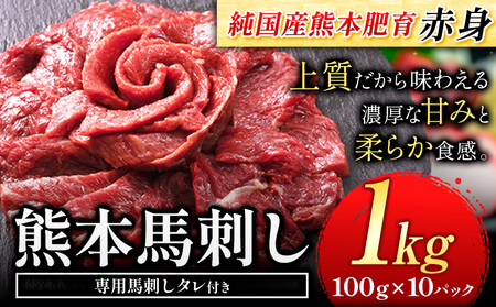 馬刺し 赤身 馬刺し 1kg 【純 国産 熊本 肥育】 たっぷり 1kg 約100g×10 ブロック ( タレ 5ml×10袋) 生食用 冷凍《30日以内に出荷予定(土日祝除く)》 ｜人気馬刺し  人気返礼品 熊本馬刺し ブランド馬刺し