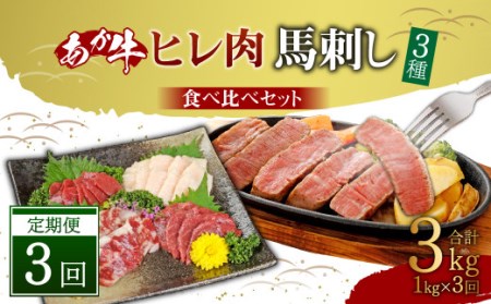 【定期便3か月】あか牛 ヒレ肉 800g (6枚前後)・ 馬刺し 200g ( 赤身 100g 霜降り 50g たてがみ 50g) 食べ比べ セット