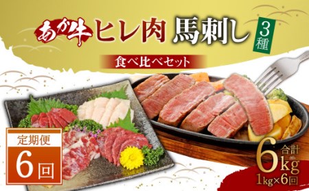 【定期便6か月】 あか牛 ヒレ肉 800g (6枚前後)・ 馬刺し 200g ( 赤身 100g 霜降り 50g たてがみ 50g) 食べ比べ セット