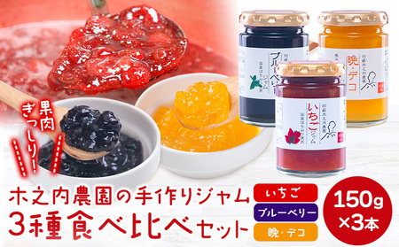 木之内農園の手作りジャム　3種食べ比べセット 150g×3本 《30日以内に出荷予定(土日祝を除く)》 熊本県南阿蘇村 ジャム いちご ブルーベリー 晩白柚 不知火 デコ 苺 大粒 乗せるジャム