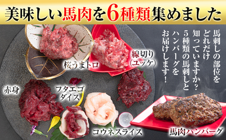 馬刺し復興福袋6種セット 馬肉 冷凍 《60日以内に出荷予定(土日祝除く)》 新鮮 赤身 ユッケ コウネ フタエゴ 馬肉ハンバーグ 桜うまトロ 馬刺しのタレ付き 送料無料 馬刺しユッケ 馬刺 国産 熊本 真空パック 食べ比べ 千興ファーム