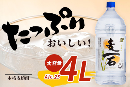 メガボトル！ 純 麦焼酎【麦一石】4L エコペット 25度 焼酎 蔵元直送 4リットル パーティサイズ 麦 酒 麦麹 焼酎 大容量 熊本 球磨 焼酎 多良木町 040-0586