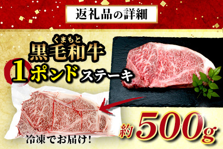 くまもと黒毛和牛 1ポンド ステーキ 約500g《 黒毛 和牛 1 pound ステーキ 500g ブランド牛 上質 常備 冷凍 熊本県 》113-0512