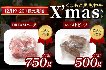 くまもと黒毛和牛 《 クリスマス セット 》ローストビーフ 500g ・ DREAMバーグ 150g×5パック ※12月19・20日限定発送※ 黒毛 和牛 100％ ハンバーグ ごちそう ロースト ビーフ クリスマス X'mas 113-0527