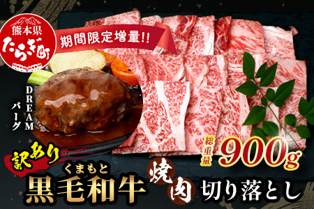 《2・3月発送 限定増量》【訳あり】くまもと 黒毛和牛 焼肉 切り落とし 600g ＋ DREAMバーグ150ｇ×2個 【合計 900g】 切り落とし 牛肉切り落とし 焼肉切り落とし 牛肉切り落とし 切落し ハンバーグ おまけ 増量 訳アリ 113-0534
