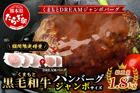 12月終了《2・3月発送 限定増量》ビッグサイズ！くまもと 黒毛和牛 DREAMジャンボバーグ 500g×3個 + DREAMバーグ 150g×2個 【合計 1.8kg】牛肉 100％ 国産 大きいハンバーグ ジューシー ハンバーグ  大人気ハンバーグ お祝い パーティ 熊本 ブランド牛 113-0535