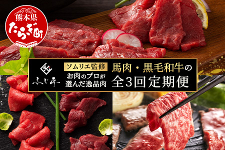 【定期便3回】お肉ソムリエ監修 馬肉・黒毛和牛 定期便 熊本県 ( 馬刺し 食べ比べ / くまもと黒毛和牛 焼肉 / 馬刺し赤身食べ比べ ) ソムリエ セレクト 本場 熊本県 馬肉 牛肉 黒毛和牛 肉 食べ比べ ヘルシー くまもと 104-0501