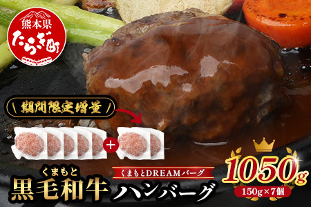 12月終了《2・3月発送 限定増量》 くまもと黒毛和牛 DREAMバーグ 150g×5個 +2個！計1050g 牛肉 100％ 増量 国産 生 ハンバーグ 熊本 ブランド牛 黒毛 和牛 上質 和牛 霜降り はんばーぐ 惣菜 冷凍 小分け 熊本県 113-0508-g