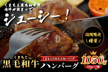 12月終了《2・3月発送 限定増量》 くまもと黒毛和牛 DREAMバーグ 150g×5個 +2個！計1050g 牛肉 100％ 増量 国産 生 ハンバーグ 熊本 ブランド牛 黒毛 和牛 上質 和牛 霜降り はんばーぐ 惣菜 冷凍 小分け 熊本県 113-0508-g