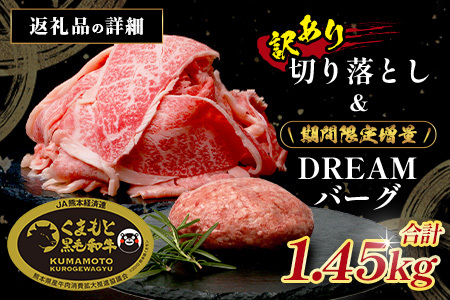 12月終了《2・3月発送 限定増量》くまもと黒毛和牛 切り落とし 1kg + DREAMバーグ 150g×3個 【合計1450g】 切り落とし 1キロ + 牛肉 100％ 国産 生 ハンバーグ ブランド牛 上質 和牛 霜降り お得 限定品 惣菜 冷凍 熊本県 113-0530