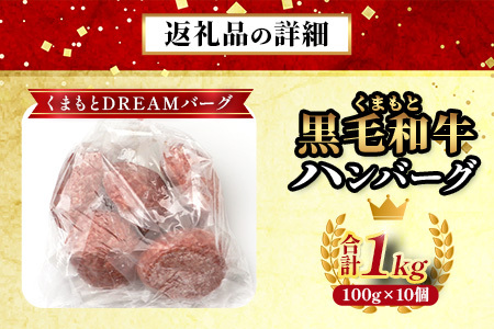 ※12月終了※ くまもと黒毛和牛 DREAMバーグ 100g×10個 【計1kg】 生 ハンバーグ 牛肉 100％ ブランド牛 黒毛 和牛 お弁当 熊本 上質 肉 惣菜 冷凍 小分け 熊本県 113-0540