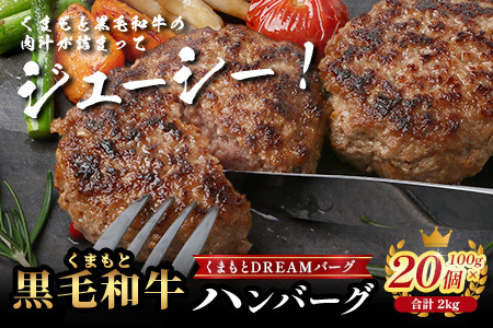 くまもと黒毛和牛 DREAMバーグ 100g×20個 【計2kg】 生 ハンバーグ 牛肉 100％ ブランド牛 黒毛 和牛 お弁当 熊本 上質 肉 惣菜 冷凍 小分け 熊本県 113-0541