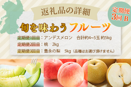 【フルーツ 3回 定期便B】2026年発送分 アンデス メロン・桃・梨 3回配送 旬 フルーツ 定期便 数量限定 熊本果物 092-0508