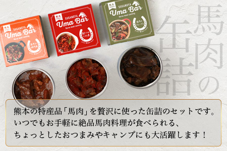 【UmaBar】 馬肉 の 缶詰 3種 9個セット ＜ アヒージョ / トマト煮 / 焼肉風 ＞ アウトドア 非常食 長期保存 簡単 お手軽 熊本県 031-0501