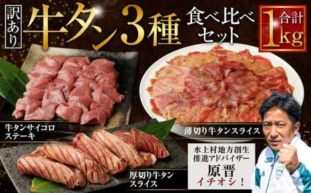 【訳あり】牛タン 3種 食べ比べセット 計1kg (厚切り牛タンスライス 300g 牛タンサイコロステーキ 400g 薄切り牛タンスライス 300g) 厚切り 薄切り ステーキ 外国産 牛タン 肉 BBQ 焼肉 熊本県 水上村