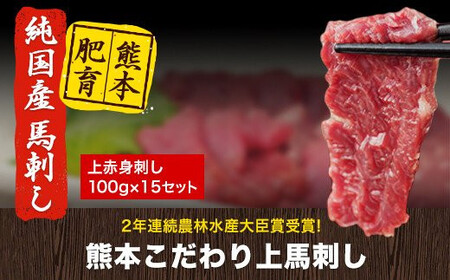馬刺し 上赤身 ブロック 国産 熊本肥育 冷凍 生食用 たれ付き(10ml×15袋) 100g×15セット 肉 期間限定 絶品 牛肉よりヘルシー 馬肉 予約 平成27年28年 農林水産大臣賞受賞 熊本県山江村《7-14日以内に出荷予定(土日祝除く)》