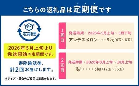 【フルーツ2回定期便】　アンデスメロン 5kg ＋ 梨 5kg 【2026年5月上旬～10月上旬迄順次発送予定】 メロン なし ナシ 和梨 果物 果実 フルーツ 定期便 九州 熊本県 あさぎり町 冷蔵