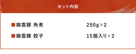 錦雲豚 角煮250g×2 餃子15個入り×2(たれ付き) 冷凍食品 肉餃子 惣菜 冷凍おかず 冷凍餃子 豚の角煮 大分県産 九州産 中津市 国産 