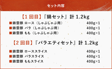 【定期便】高級ブランド錦雲豚「お米育ちの錦雲豚 鍋・バラエティセット・焼き肉」3回