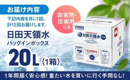 【全12回定期便】日田天領水 20L×1箱 天然水 備蓄 防災 ミネラルウォーター シリカ [AREG005]